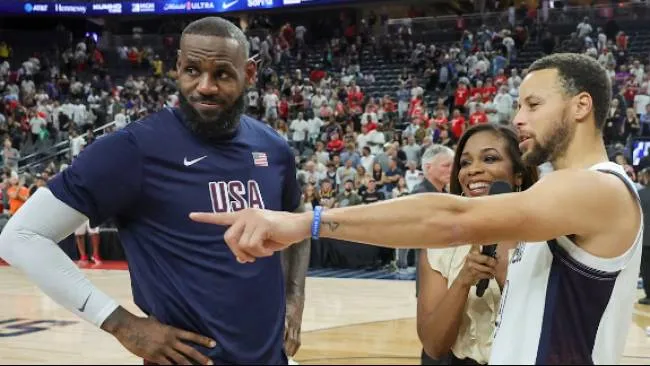 Dua bintang timnas basket Amerika Serikat (AS) di Olimpiade Paris 2024 LeBron James (kiri) dan Steph Curry, (Sumber: olympics.com)